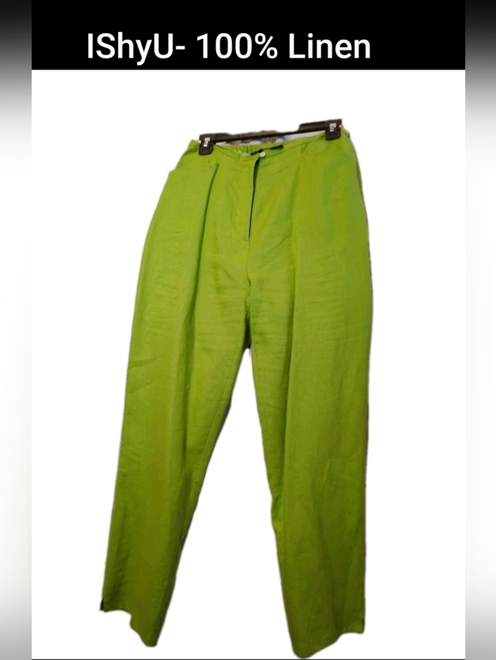 ISHYU Size 14 Green Slacks PANTS Fully Lined Pockets Zipper Front Elastic Back